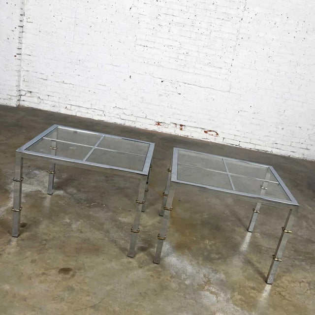 1970s Hollywood Regency Chrome & Glass Square End Tables Brass Details a Pair Style of Maison Jansen For Sale - Image 5 of 16