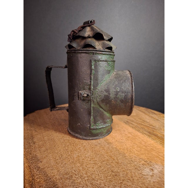 Antique Tin Bullseye Candle Lantern Crimped Top Green Painted Belt Lamp For Sale - Image 9 of 18
