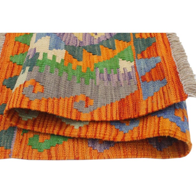 Textile Retro Kilim Rust Blue Wool Rug - 3'0" X 3'3" For Sale - Image 7 of 7