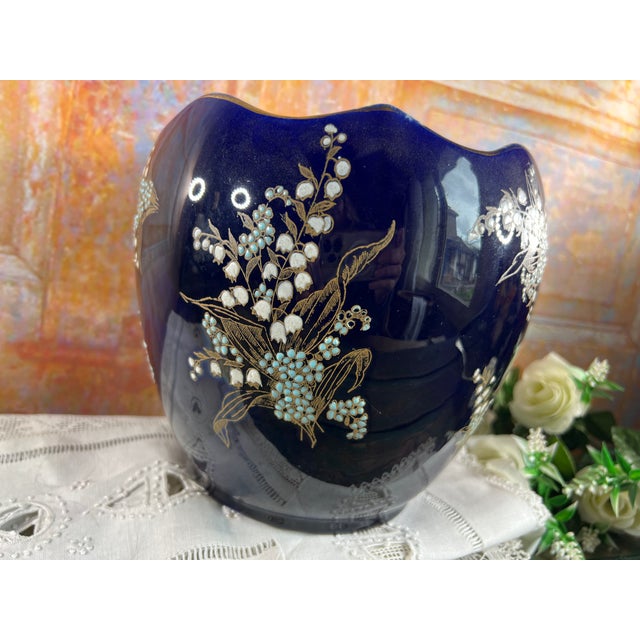 Antique French Cobalt Blue Faience Cache Pot, 1890s For Sale - Image 9 of 13