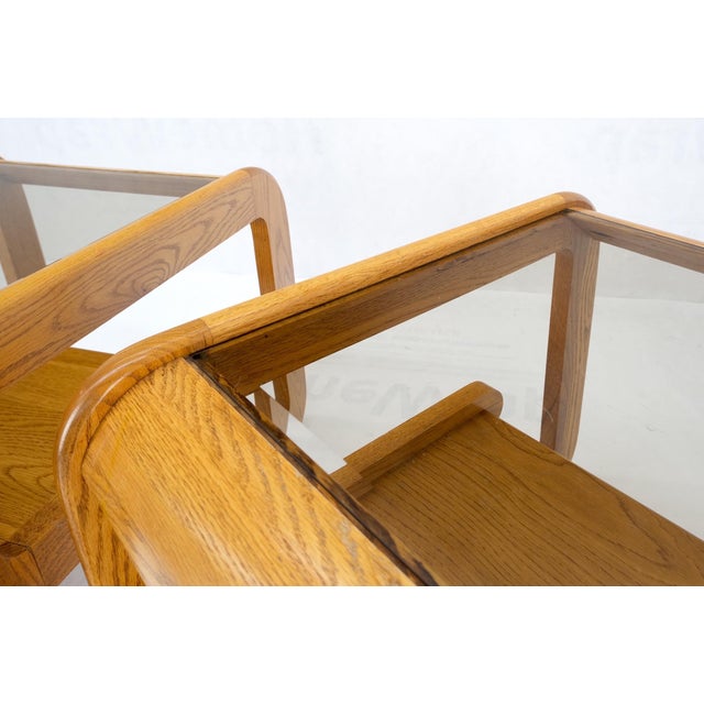 Pair of Mid-Century Solid Oak Smoked Glass Top End Side Tables W Shelves Mint! For Sale - Image 17 of 18
