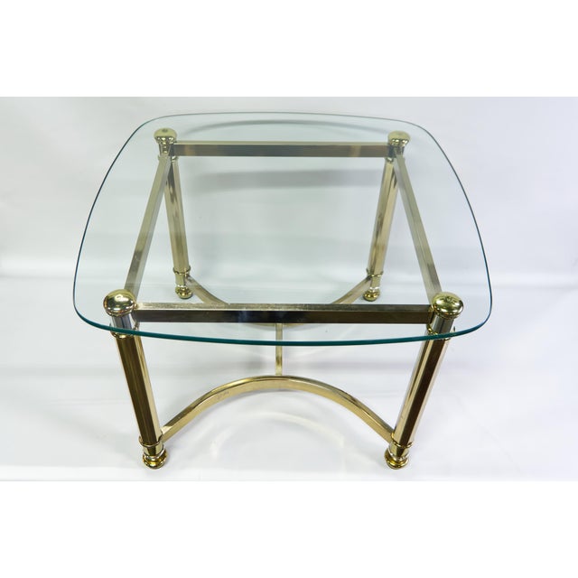 Hollywood Regency Style Square Brass Finish Accent Table With Glass Top For Sale - Image 4 of 6