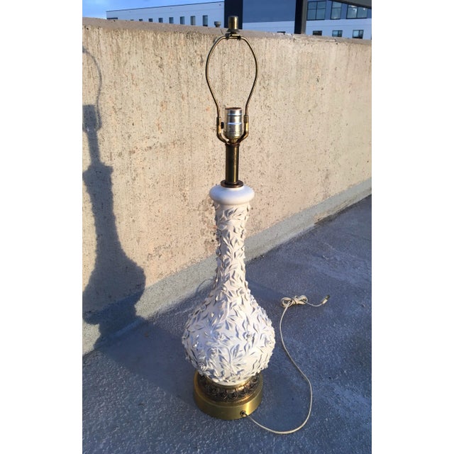 Vintage blanc de chine single gourd table lamp in the style of Marbro, with intricate hand sculpted floral motifs, on...