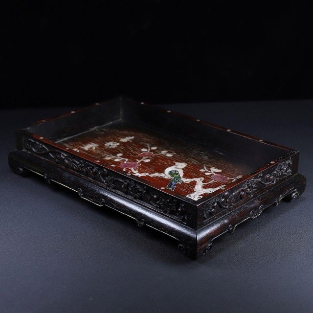 Brown Zitan Wood Tray Inlaid With Mother-of-Pearl & Calligraphy For Sale - Image 8 of 10