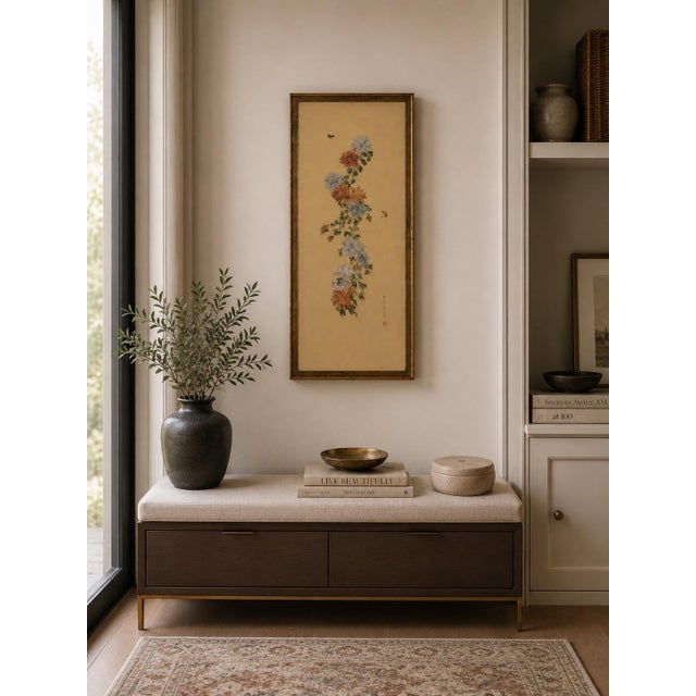 A beautifully executed mid-century silk painting signed by Mary Carey, featuring cascading chrysanthemums in orange, blue,...