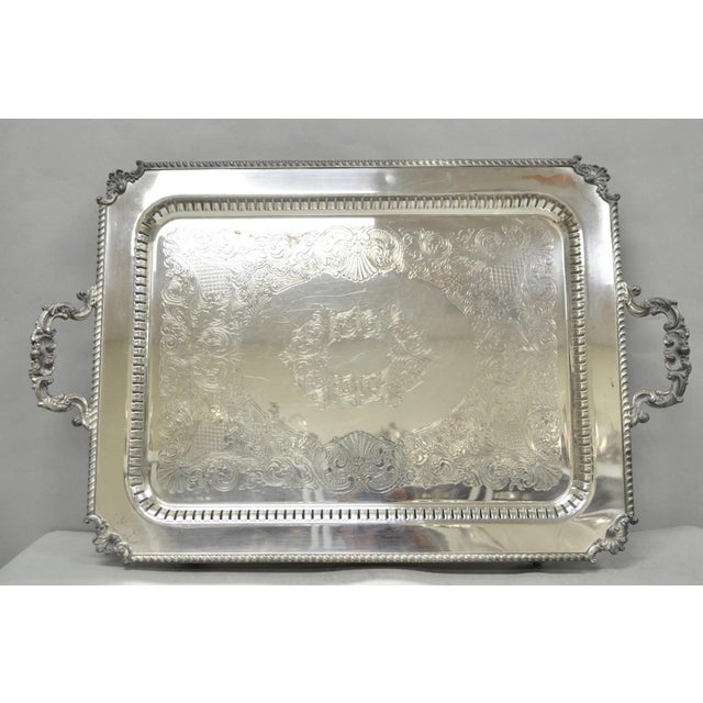 Victorian Vintage English Victorian Large Silver Plated Twin Handle Serving Platter Tray For Sale - Image 3 of 18