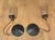 Two glass and oil-rubbed bronze small hanging pendant lights. Purchased at Obsolete Los Angeles.