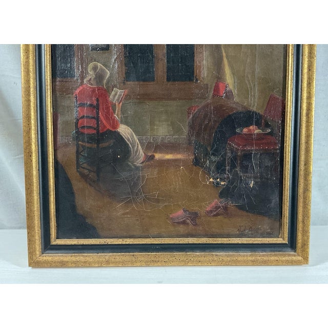 Antique 1920 Dutch Interior Oil Painting M Fenneker After Pieter De Hooch For Sale - Image 4 of 8
