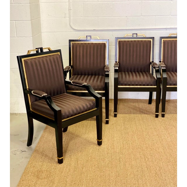 Art Deco 1980s Hollywood Regency Black Lacquer and Satin Dining Armchairs – Set of 8 For Sale - Image 3 of 13