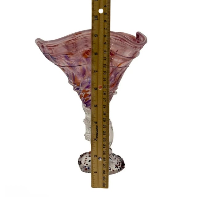 Glass Vintage Hand Blown Studio Art Glass 9.25” Tall Vase Compote Pedestal Bowl. For Sale - Image 7 of 7