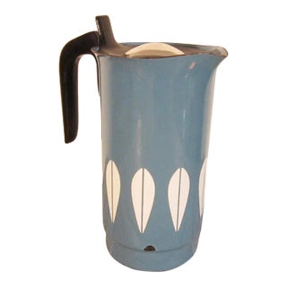 Mid-Century Cathrineholm Lotus Scandinavian Blue and White Enamel Pitcher For Sale