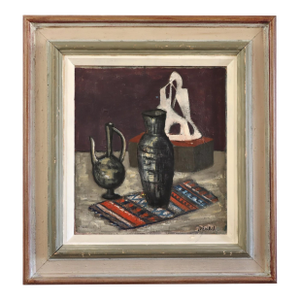 Mid-Century Modern 'Vessels & Sculpture' Vintage Swedish Expressive Still Life Oil Painting, Framed
