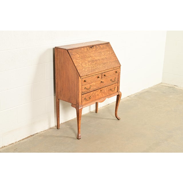 Baker Furniture Company Berkey & Gay Style Antique Victorian Tiger Oak Slant Front Secretary Desk, Circa 1900 For Sale - Image 4 of 14