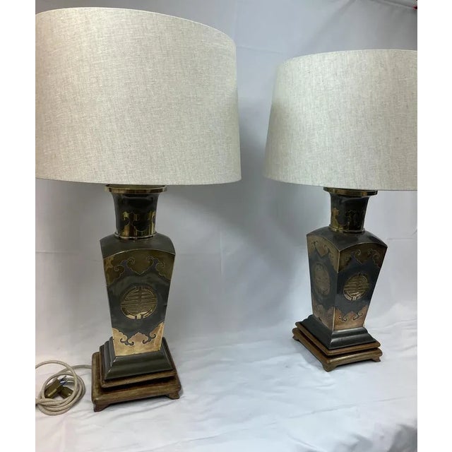 Metal Lamps with Brass Applications on Wooden Bases, 1970s For Sale - Image 11 of 13