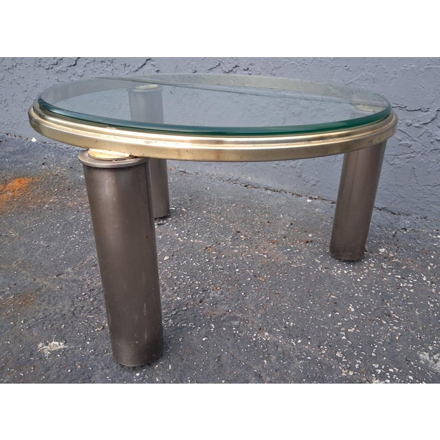 Vintage Hollywood Regency Brass Tone/ Glass Round Coffee Tables by Dia a - Pair For Sale - Image 9 of 12