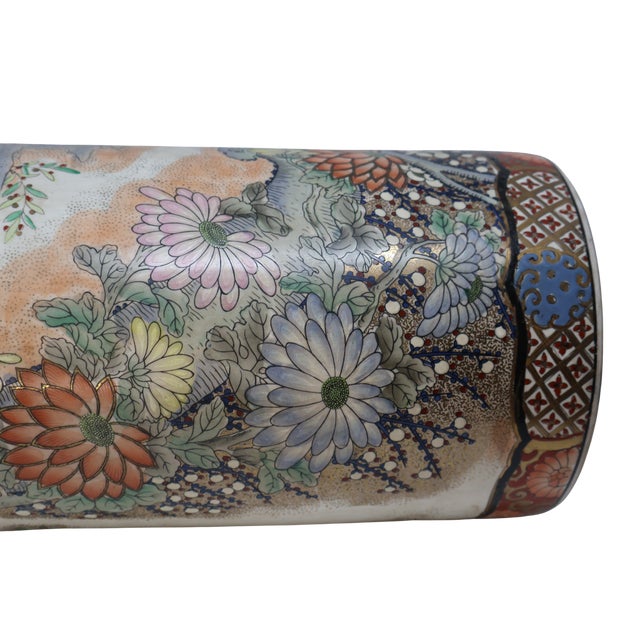 Vintage Macau Hand-Painted Porcelain Umbrella Stand With Floral Garden, Raised Enamels & Gilt Detail For Sale - Image 12 of 18