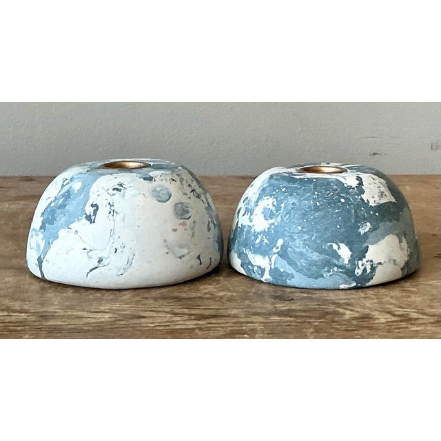 Boho Artisan Pigmented Plaster Scagliola Low Dome Candlestick Holders - Set of 2 For Sale - Image 11 of 12