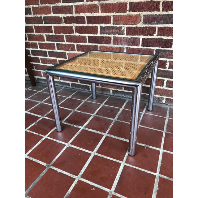 Milo Baughman design institute of America rare tubular chrome side table with cane and glass top. Made in the 1970s.