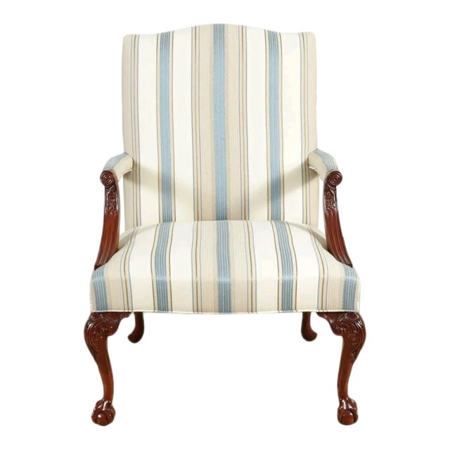 Late 20th Century Hickory Chair Chippendale Style Carved Mahogany Library Chair Claw & Ball Feet For Sale