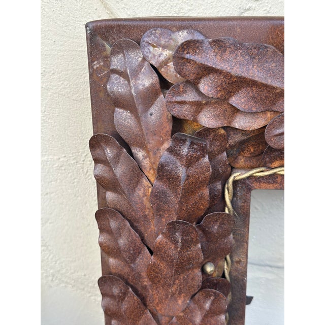 One of kind Italian Vintage Rustic Metal Oversized Picture Frame sculpture like covered with leaves and gilded rope around...