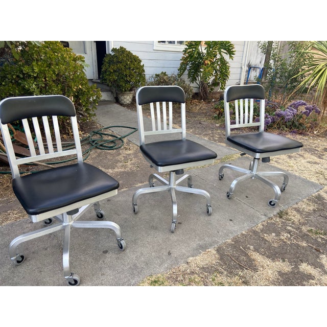 2010s Emeco 1022 Aluminum Leather Navy Semi Upholstered Swivel Chairs Set of 3 For Sale - Image 5 of 18