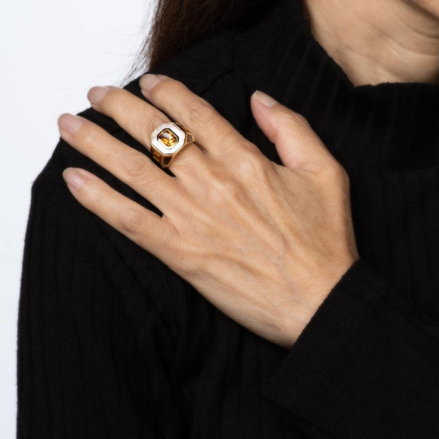 French Arfan Ring Citrine Mop Sz 6 18k Yellow Gold Square Cocktail Jewelry For Sale In Los Angeles - Image 6 of 7