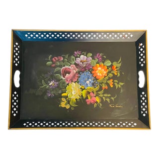Antique American Signed Large Reticulated Tole Tray For Sale