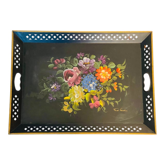 Antique American Signed Large Reticulated Tole Tray For Sale