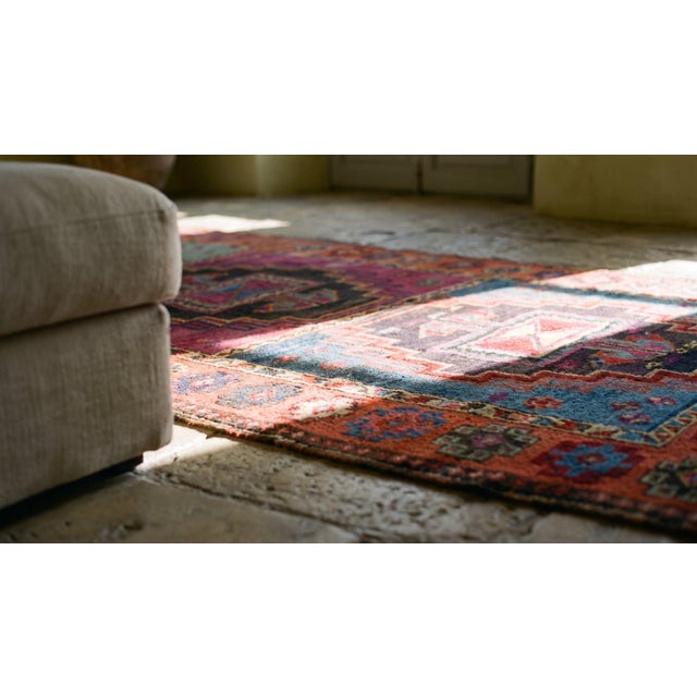 Happy Jewel Tones Multicolored Tribal Geometric Antique Rustic Turkish Yuruk Rug For Sale - Image 12 of 12
