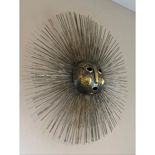 Emaus Talleres Mexico Benedictine Monks Hand Crafted Mid-Century Brass Sun Face Sculpture 31” For Sale - Image 4 of 12