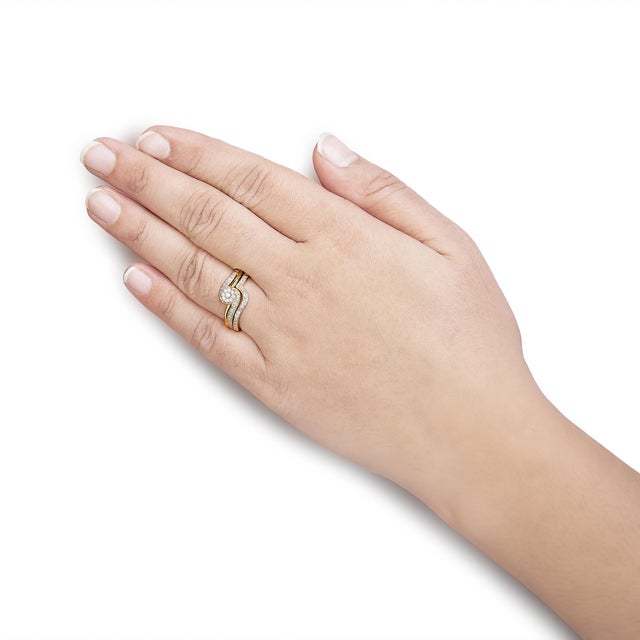 Early 21st Century 14K Yellow Gold Plated .925 Sterling Silver 1/3ct Cttw Multi-Diamond Bypass Vintage-Style Bridal Set Ring and Band (I-J Color, I3 Clarity) - Size 8 For Sale - Image 5 of 6