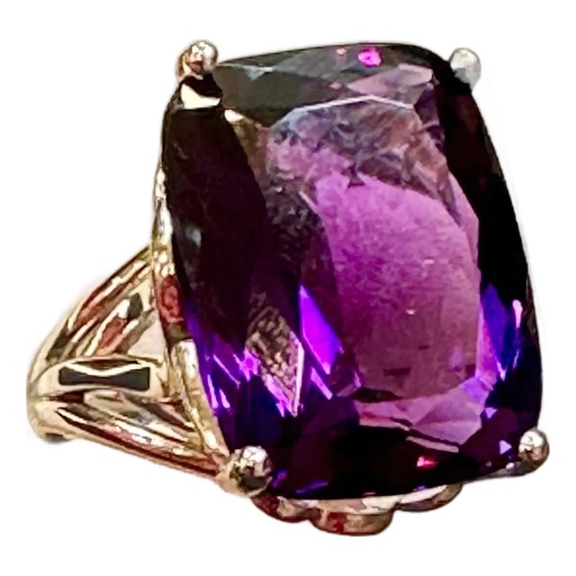 Huge 38 Carat Cushion Cut Natural Amethyst Cocktail Ring in Platinum 23.8 Gm For Sale