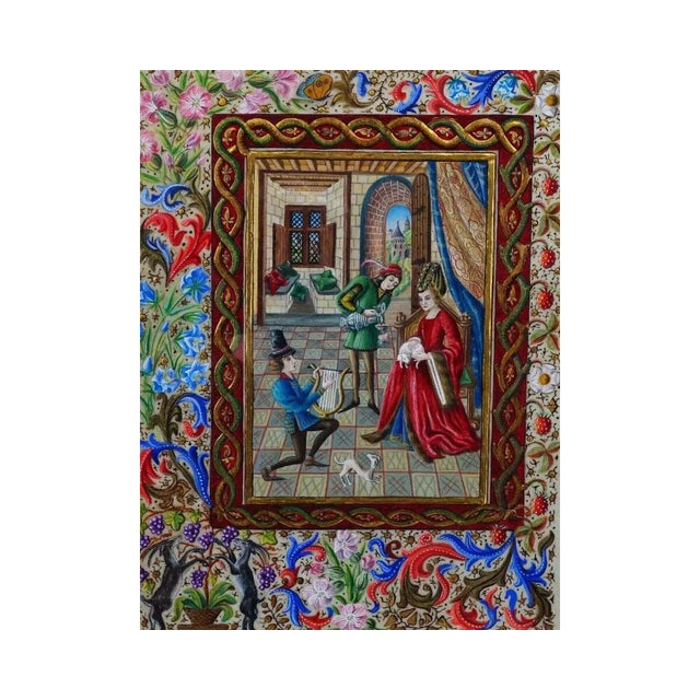 An Old master manner mixed media painting on paper depicting an interior genre scene in a castle. The painting is adorned...
