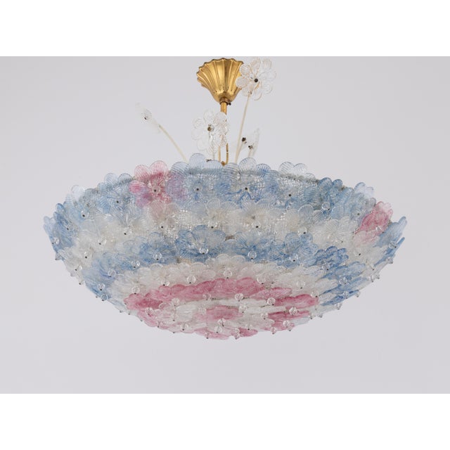 1950s 1950s Murano Glass Floral Barovier & Toso Blue Clear Pink Flower Basket Chandelier For Sale - Image 5 of 12