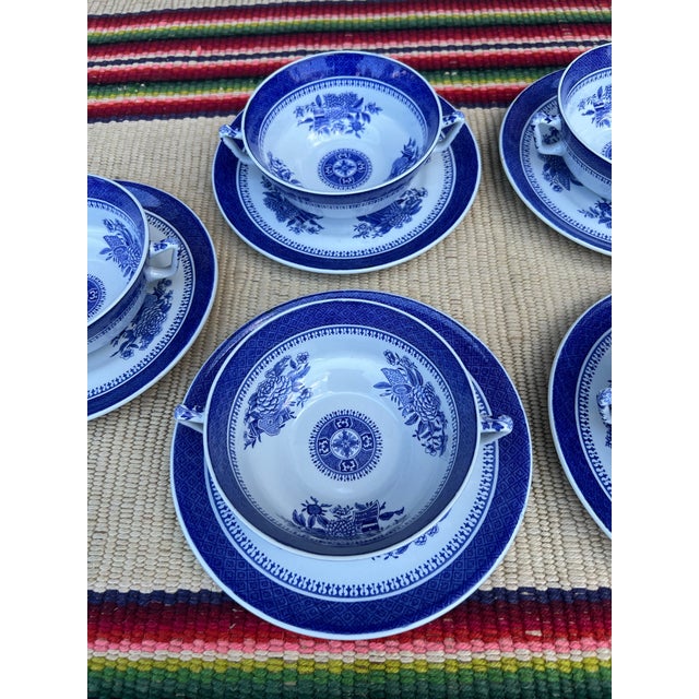 Chinoiserie A Set of 6 Copeland Spode Fitzhugh Blue Cream Soup Bowls With Saucers, Circa 1960’s For Sale - Image 3 of 12