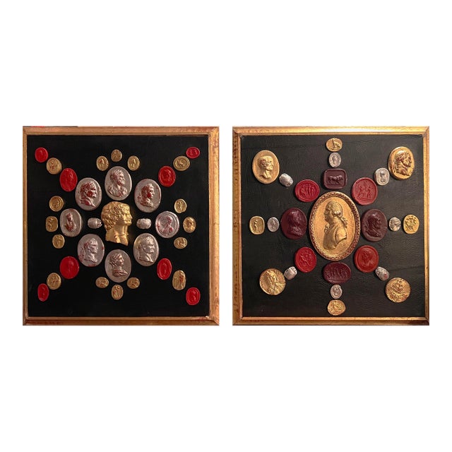 Pair of Venetian Baroque Style Gold & Silver Leaf Cameo Intaglio Classical Grand Tour Collection For Sale