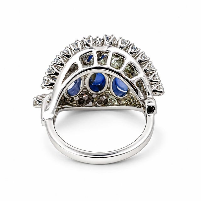 Mid 20th Century Vintage 14k White Gold 3-Stone Star Sapphire & Diamond Cocktail Ring, Size 5.25 For Sale - Image 5 of 5