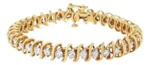 AGS Certified 18K Yellow Gold 5.00 Cttw "S" Link Wrapped 2-Prong Set Round Brilliant Diamond Tennis Bracelet (G-H Color, I1-I2 Clarity) - Size 7