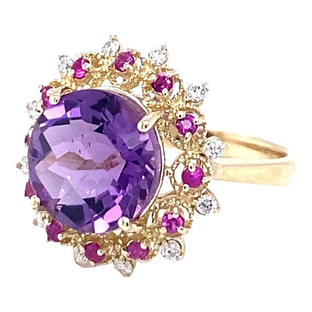 Amethyst Pink Sapphire Diamond Yellow Gold Cocktail Ring Size 7 For Sale