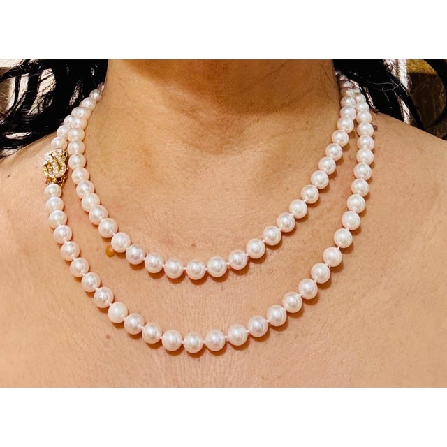 Vintage Cultured Akoya Pearl Strand Necklace Opera Length with Diamond Clasp For Sale - Image 13 of 18