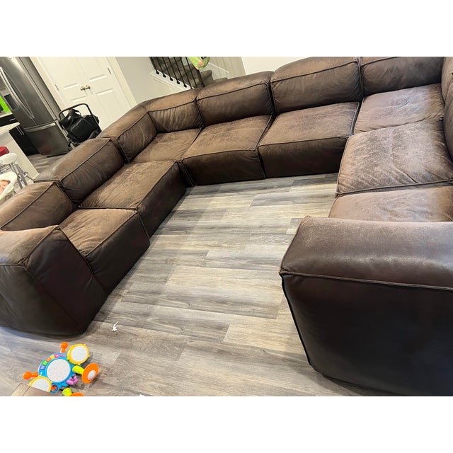 Mid-Century Modern Restoration Hardware Fulham Leather Modular Couch For Sale - Image 3 of 7
