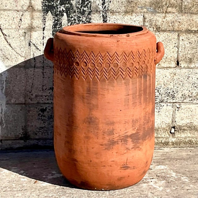 Vintage Boho Chevron Stripe Terra Cotta Planter For Sale - Image 4 of 6