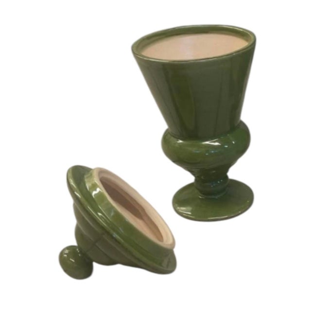 Traditional Vintage Glossy Olive Green Ceramic Pedestal Urn With Lid For Sale - Image 3 of 12