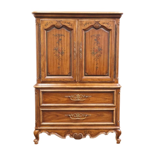 French Country Drexel Heritage Brittany Collection Solid Pecan Country French Style 41" Door Chest W. Floral Accents 202-420 For Sale - Image 3 of 18
