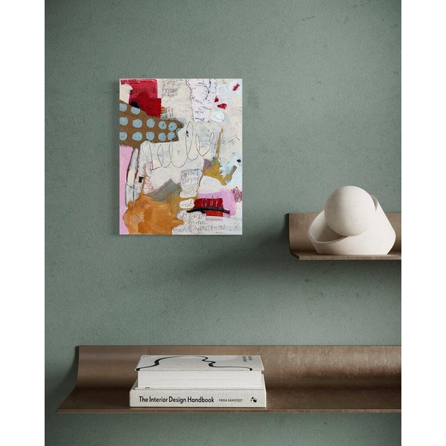 Wood Christiane Corcelle "Echoes of Scarlet Reverie" Mixed Media on Cradled Board, Small Abstract Painting in Pink, Ochre and Scarlet, 2023 For Sale - Image 7 of 7