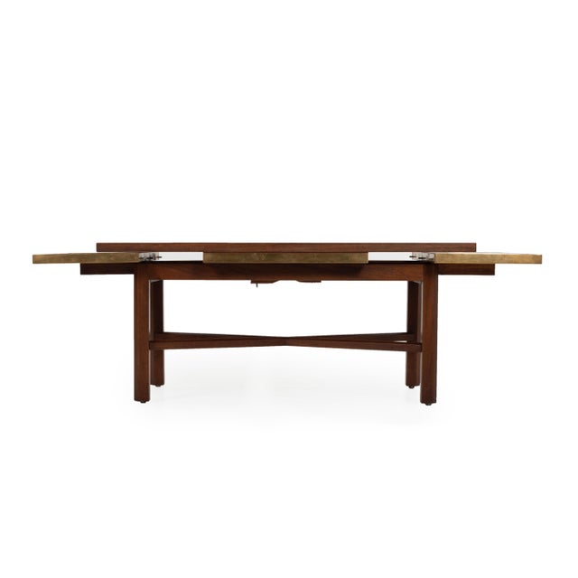 Edward Wormley for Dunbar, custom cocktail table, 3 positions with polished stone inside brass framed extension leaves....