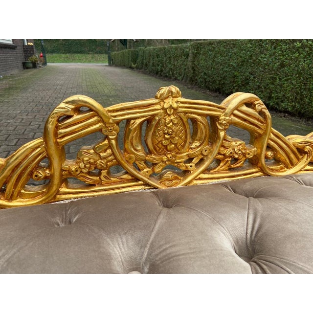 Late 20th Century French Louis XVI Gold Beech Settee Tan Velvet For Sale - Image 4 of 11