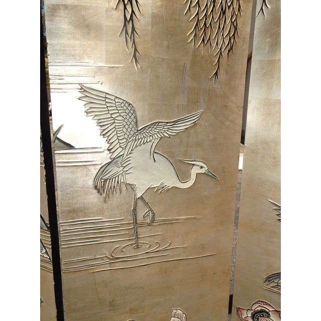 Vintage Silver Chinese Asian Six Panel Screen ~ Room Divider W Heron Birds For Sale - Image 11 of 18