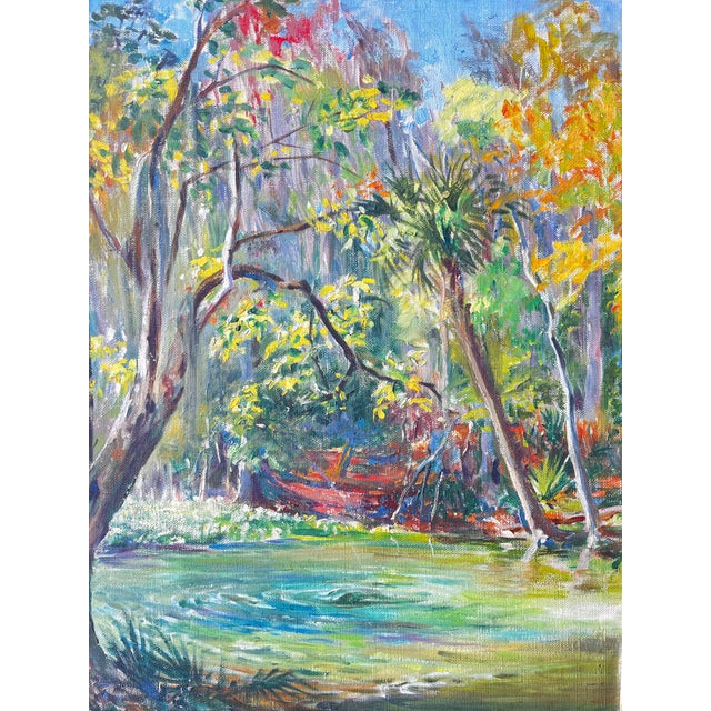 American Vintage Florida Spring Landscape Painting in the Highwaymen Style in Pickled Cerused Wood Frame, Mid-20th Century For Sale - Image 3 of 9