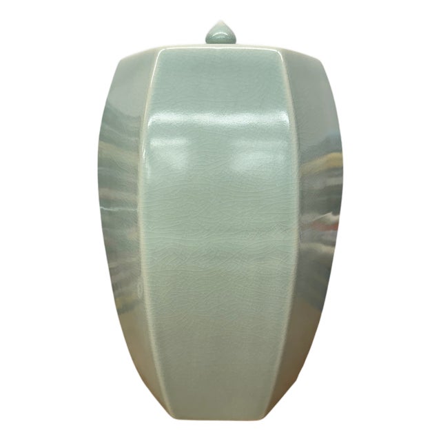 Light Green Crackle Glaze Hexagonal Lidded Jar For Sale